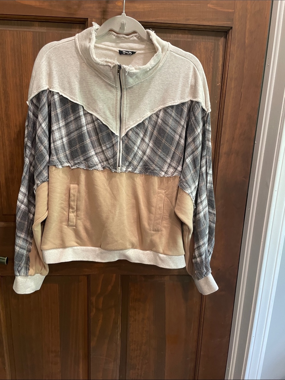 Miss Me Cream Half-Zip Pullover with Frayed Trim